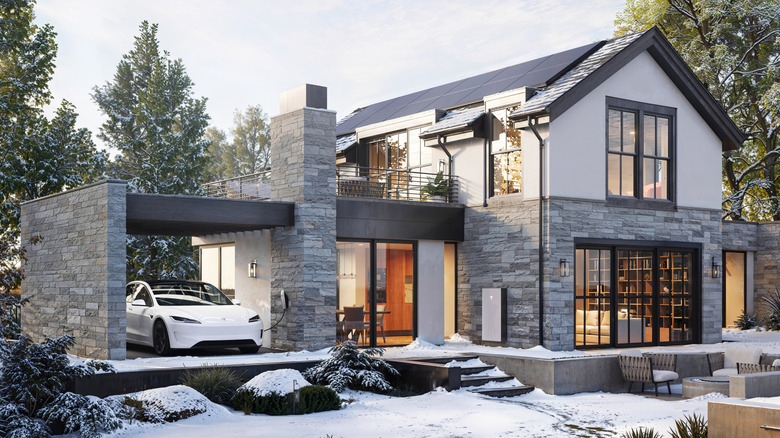 Tesla 태양광 패널, Tesla Powerwall 및 Tesla EV를 보여주는 눈 속의 Tesla 가상 발전소